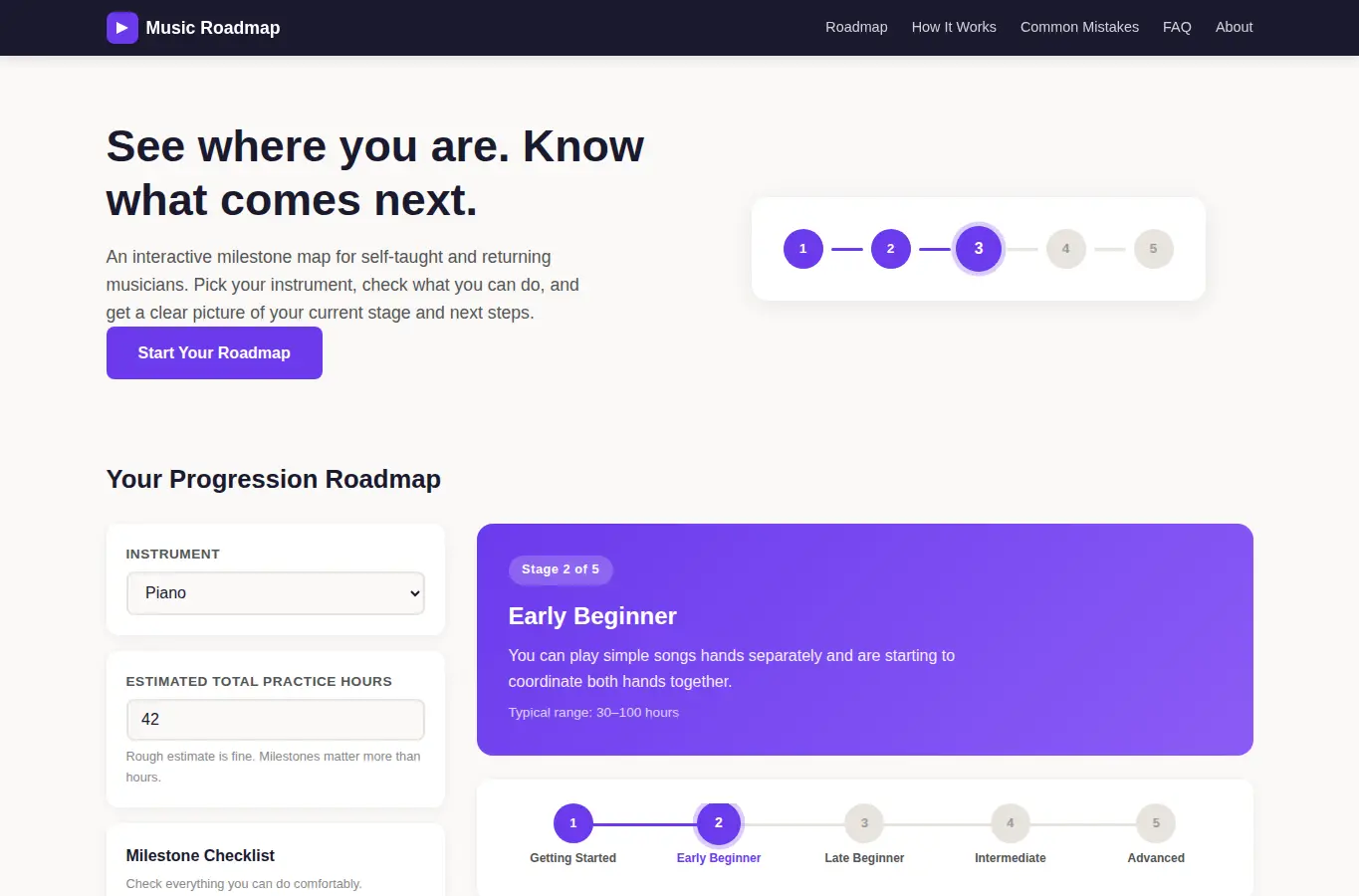 Screenshot of Music Progression Roadmap interface showing the project page in use